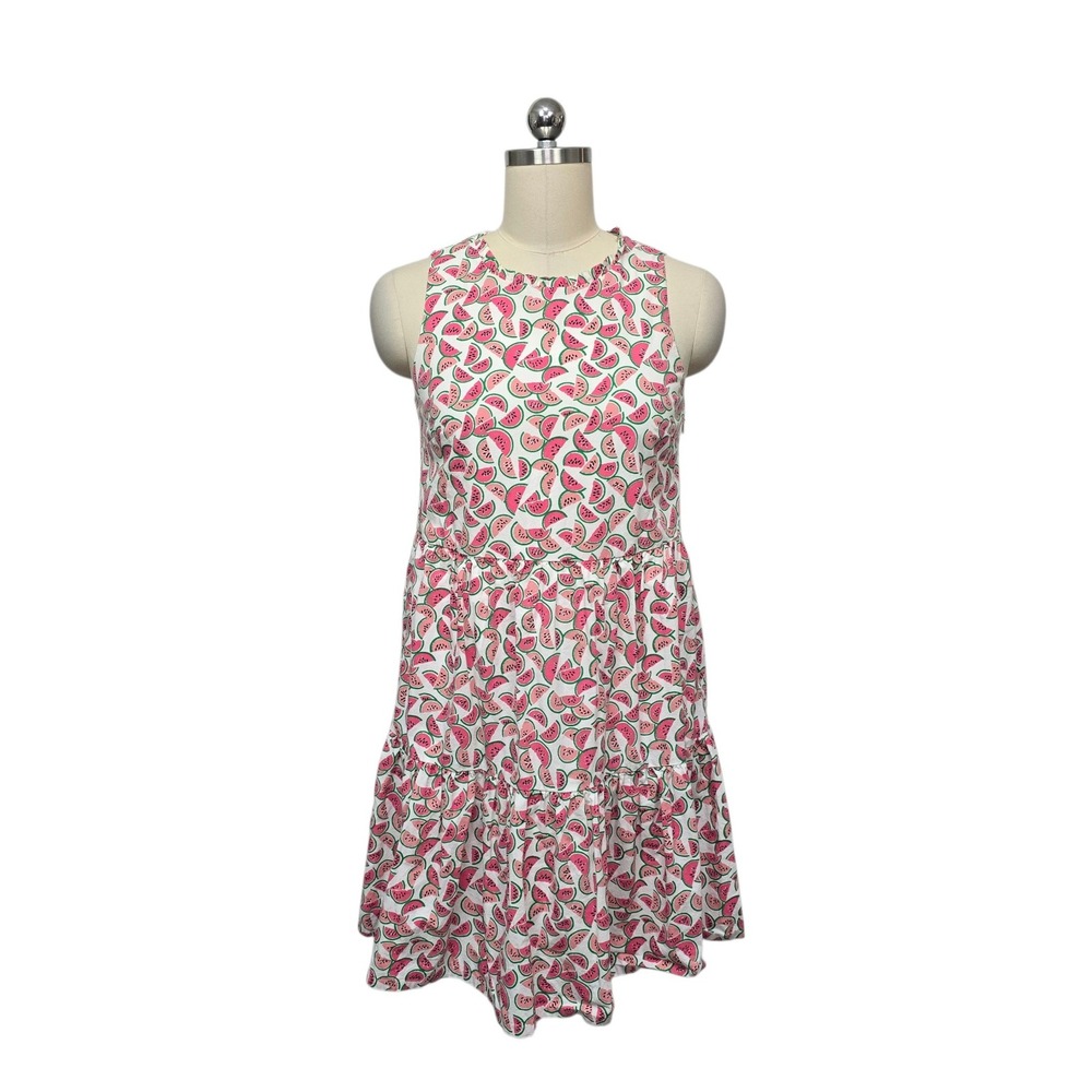 J.Crew Watermelon Print Tiered Mini Dress Sleeveless Ruffle Neck White Pink 00